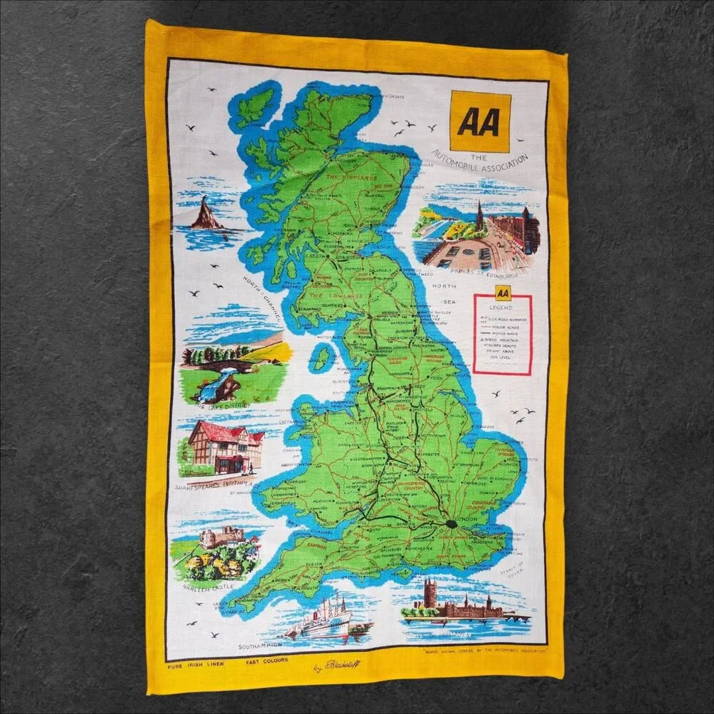 Vintage AA Automobile Association Great Britain Map Linen Wall Hanging Yellow